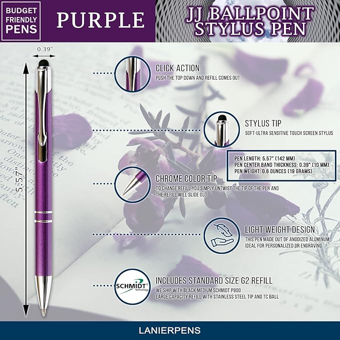Purple JJ Ballpoint Pen with Stylus - Black Ink Refill, Medium Tip Point