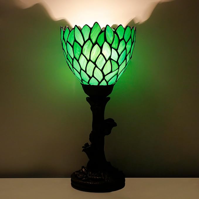 Small Tiffany Lamp Mini Stained Glass Table Lamp Green Wisteria Accent Desk Uplight W6 H13.5 Inch Bronze Resin Base