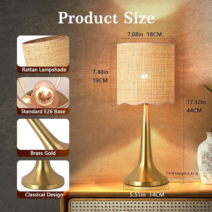 Gold Rattan Table Lamp for Bedroom, Brass Cute Wicker Lamps for Bedside Nightstand, Small Table Shape Lamps for Small Spaces for Kitchen Counter, Home Office, Living Room, Kids Dorm