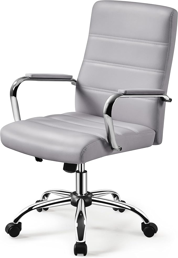 Yaheetech Mid-Back Office Chair with Arms Swivel PU Leather Height Adjustable Office Executive Chair, Light Gray