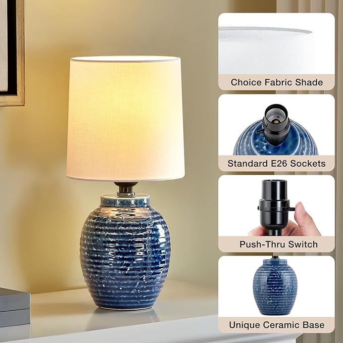 Table Lamps Set of 2-13.75" Small Bedside Lamps - Classic Farmhouse Ceramic Table Lamp for Bedroom, Living Room, Nightstand, Office, Side Desk Lamp, End Table
