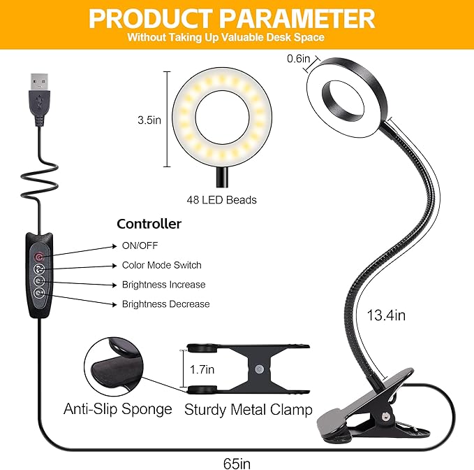 Foneso Desk Lamp Clip on Light, 48 LED USB Lamp with 3 Color Modes 10 Brightness Levels, 360° Flexible Gooseneck Eye Protection Bed Night Light for Reading, Makeup, Craft (Black)