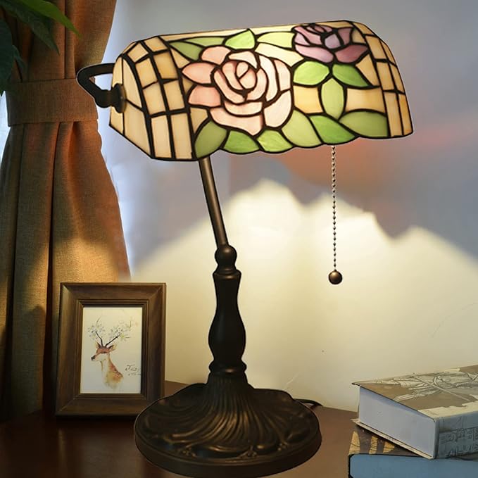Tiffany Style Pink Rose Stained Glass Banker Desk Lamp, 10.62" W x 15.35" H, E26 Base, LED, 40W Max, Painted Alloy Base, Not Water Resistant