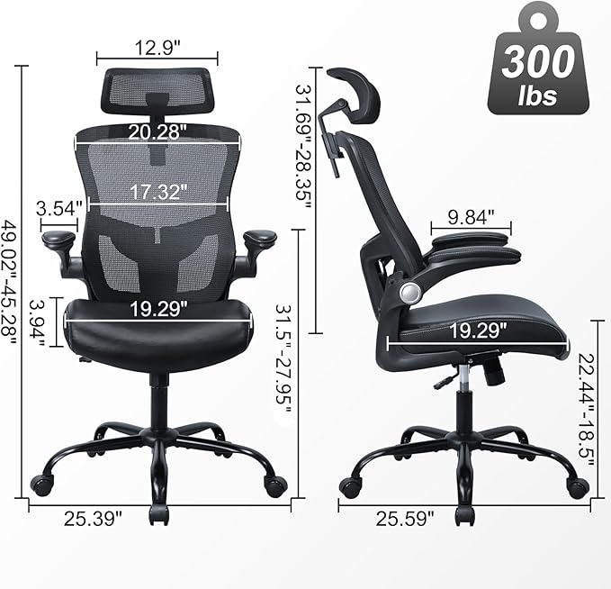 Ergonomic Office Chair,High Back Mesh Desk Chair with Adjustable Lumbar Support & Headrest Home Office Computer Swivel Executive Task Chair with Flip-Up Armrests (Dark Black)