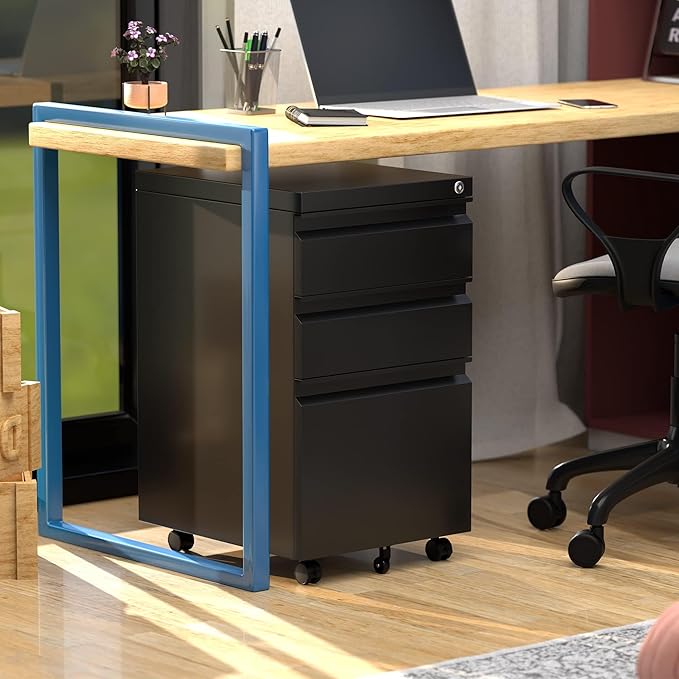Metal Rolling File Cabinet with 3 Drawers, Under Desk Mobile Filing Storage Cabinet with Lock for Home Office Scool,Fully Assembled Except Wheels,Black