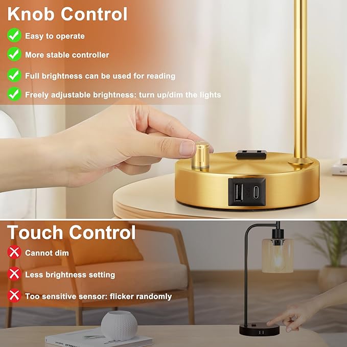 Innqoo Industrial Table Lamp for Bedroom Set of 2 - Fully Dimmable Bedside Lamps with USB Ports and Outlet, Gold Nightstand Lamps with Clear Glass Shade for Living Room, Desk Lamps for Office Reading