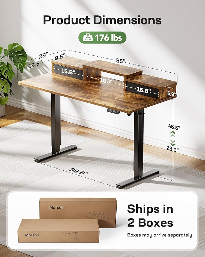 Marsail Electric Standing Desk with Drawers, 55″ x 28″ Height Adjustable Sit Stand Up Desk with Storage Shelf, Ergonomic Home Office & Computer Table with 4 Memory Heights, Rustic Brown