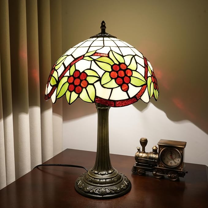 Tiffany Lamp Stained Glass Table Lamp 12 Inch Green Leaves Red Grapes Retro Art Nouveau Bedside Lamp for Living Room Bedroom Study Office Coffee Shop Cafe Home Decor Vintage Tiffany Style Lamp Gift