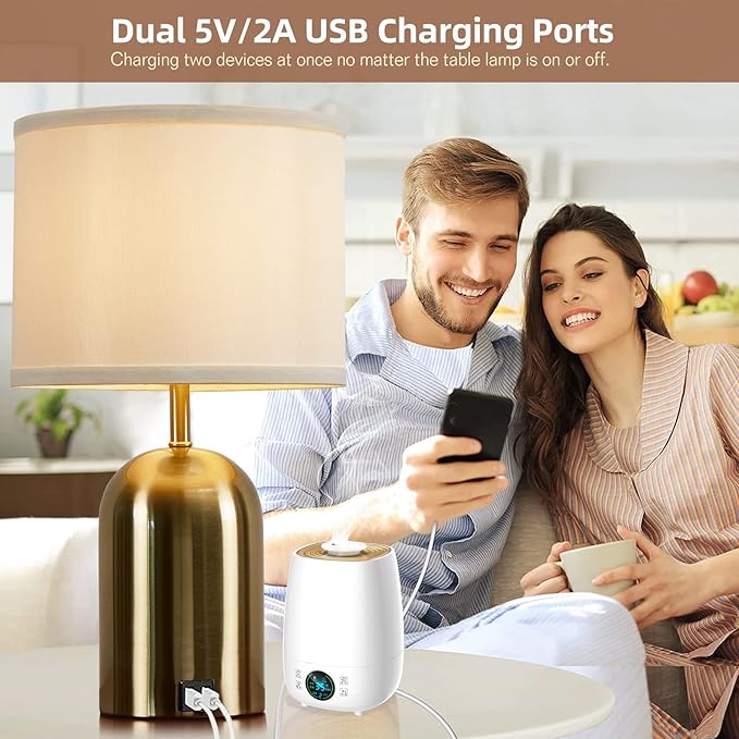 GyroVu Touch Control Table Lamps Set of 2, Gold Bedside Table Lamps for Bedroom Living Room Office, Modern 3 Way Dimmable Desk Lamp for Nightstand with 2 USB Charging Ports, 2 Bulbs Included