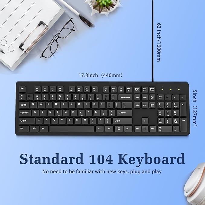 Wired Computer Keyboard Character anti fading,Corded Low-Profile, 12 Multimedia Hotkeys,1.6m Cable USB Interface Plug and Play Suitable for Computers, Laptop and PC,Full-Size,Number Pad, Office