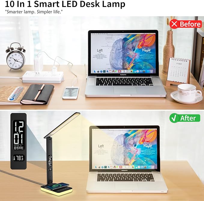 LED Desk Lamp with Wireless Charger, USB Charging Port, Reading Lamp Desk Light with 5 Brightness, 3 Colors, Table Lamp with Clock, Alarm, Date, Temperature, Desk Lamp for Home Office Study (Black)