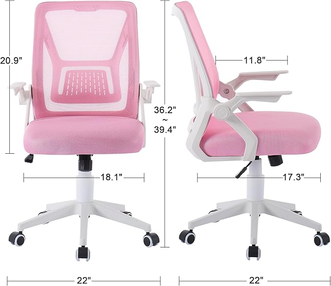 VECELO Mid-Back Swivel Ergonomic Office Chair with Adjustable Arms Mesh Lumbar Support for Computer Task Work, Pink