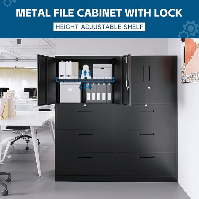 Vertical/Horizontal File Cabinet - 3-Drawer, Locking Metal Cabinet for Home Office, Storage for Legal/Letter/A4 Files - Assemble Required (Black)
