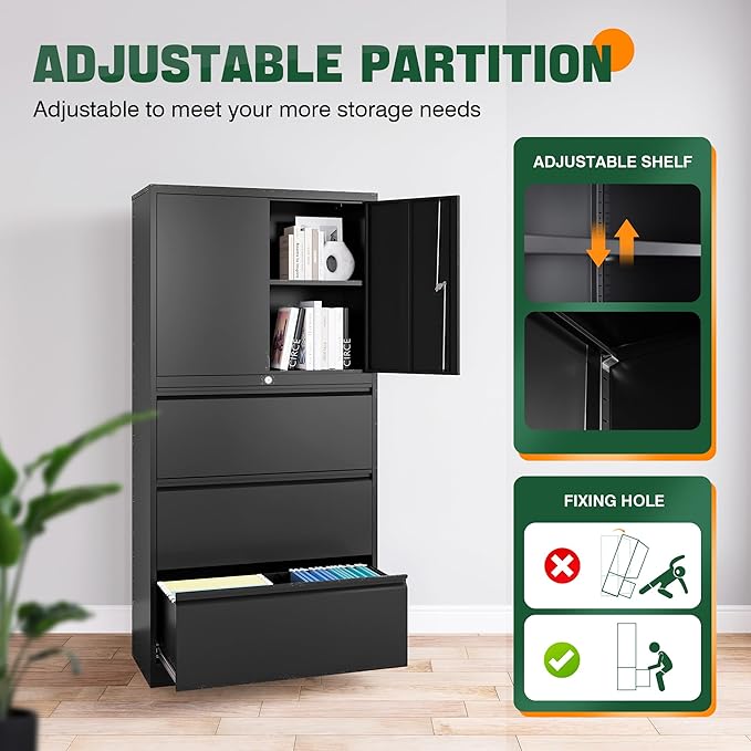 Letaya 3 Drawer Metal Storage Cabinets for Home Office,File Cabinet with Lock and 2 Adjust Shelves-Hang Filing Legal/Letter/A4/F4 Size(Black