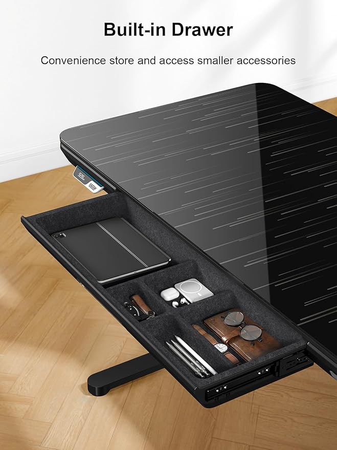 Smart Executive Electric Standing Desk, Wireless Charging, with Storage Drawer, Hidden Power Strip, Galaxy Glass