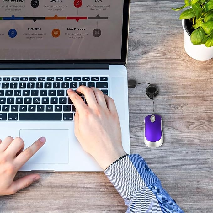 USB C Wired Mini Mouse,Small Mice with Retractable Cable for Travel,Kids,Gifts-Purple