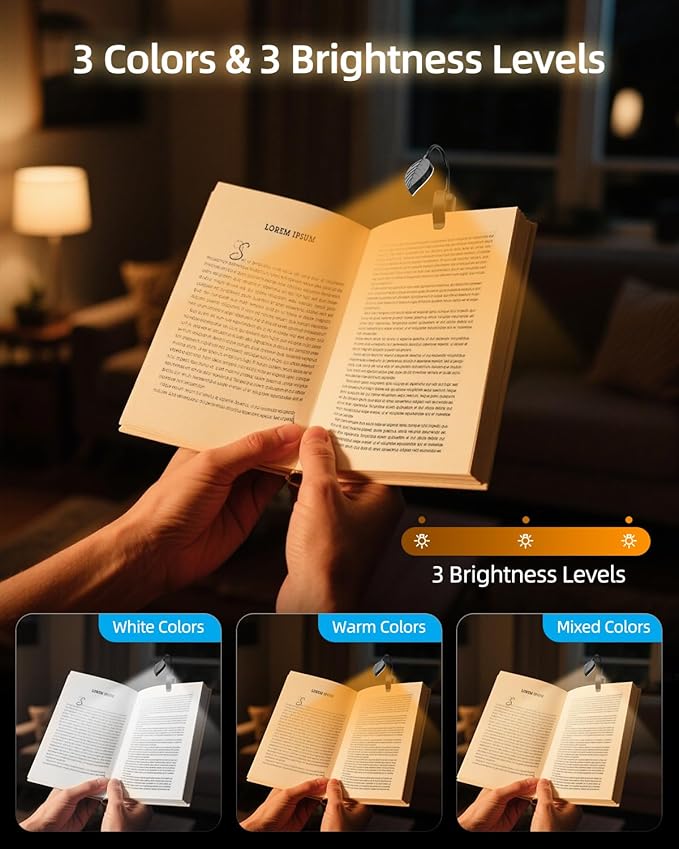 Rechargeable Book Lights for Reading at Night - Eye,3 Color Temperatures,3 Brightness Levels,Flexible Goose Neck Clip on Light,Reading Lights for Books in Bed with Power Indicator Bookworms (Black)