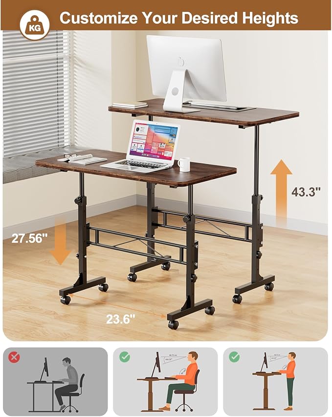 Small Standing Desk Adjustable Height, Mobile Stand Up Desk with Wheels, 32 Inch Portable Rolling Desks for Walking Pad Treadmill Wood Rustic