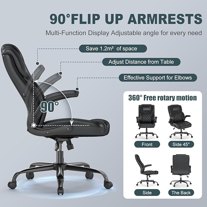 AnyGod Executive Office Chair, Comfy Ergonomic Computer Desk Chairs with Flip-up Armrests, Lumbar Support, High Back, 360° Swivel and Rocking Function for Home Office
