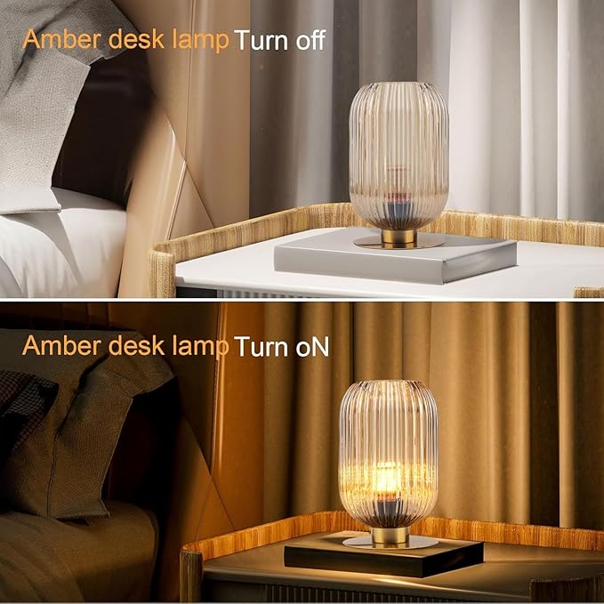 Table Lamp for Bedroom Nightstand Set of 2, Midcentury Modern Table Lamp Living Room Small End Table lamp, Amber Glass Bedside Lamp Gold Bedside Lamp with On/Off Switch on Plug in Cord