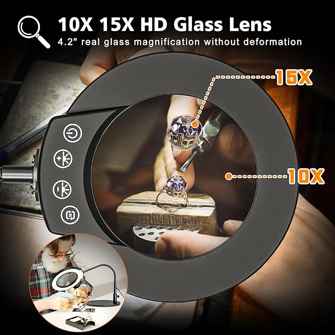 10X 15X Magnifying Glass with Light and Stand, 5 LED Color Modes Stepless Dimmable, Flexible Gooseneck Lighted Magnifying Glass with C-Clamp and Mental Base for Craft Close Work Sewing Reading