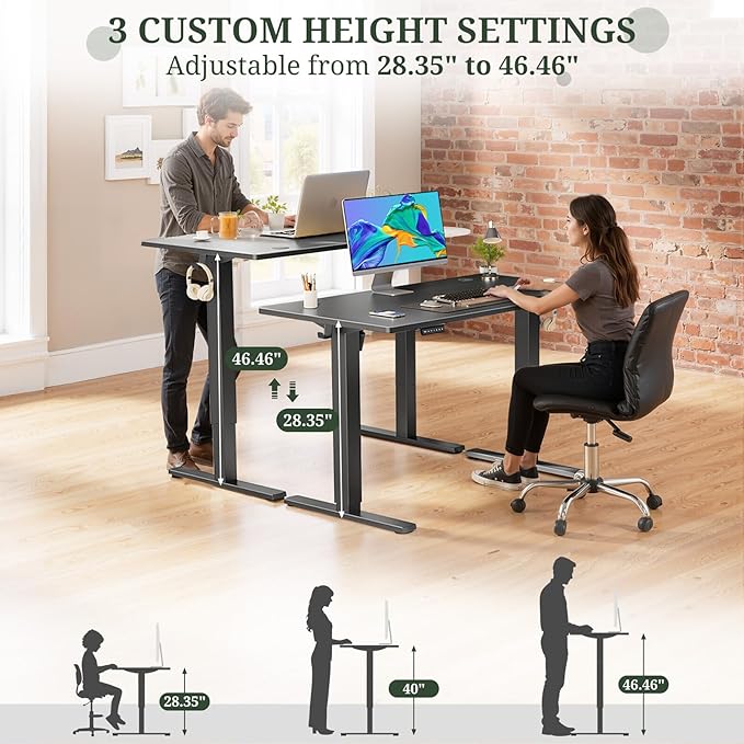 48 x 24 in Electric Standing Desk - Memory Height Adjustable Ergonomic Sit-to-Stand Rising Computer Table Gaming Workstations with 2 Hooks and Wire Hole for Home Office, Black