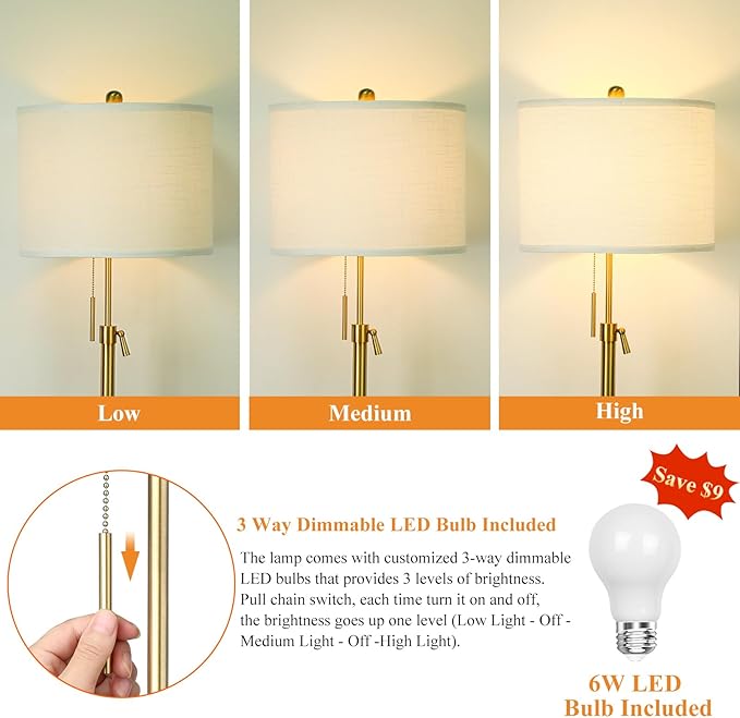 Modern Floor Lamp for Living Room, Adjustable Height Standing Lamp with Marble Base, 3-Way Dimmable Gold Brass Tall Pole Light with White Linen Shade for Reading, Bedroom, Chain Switch, Bulb Included