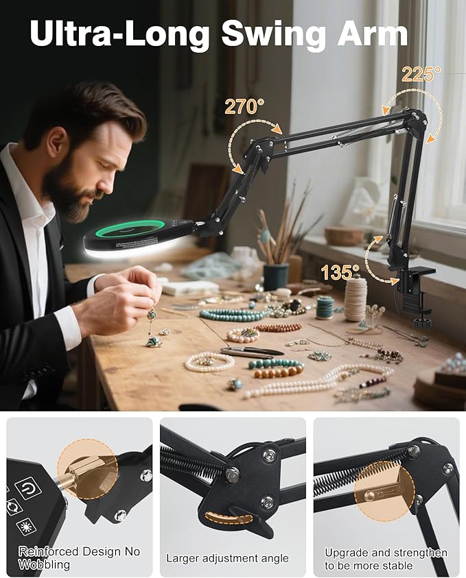 10X & 5X Magnifying Glass with Light, Ultra Long Swing Arm, 5 Colors & 10 Brightness, Real Glass Lens Large Magnifying Lamp for Craft Painting Workbench Jewelry Making Hobby Close Work (Green)