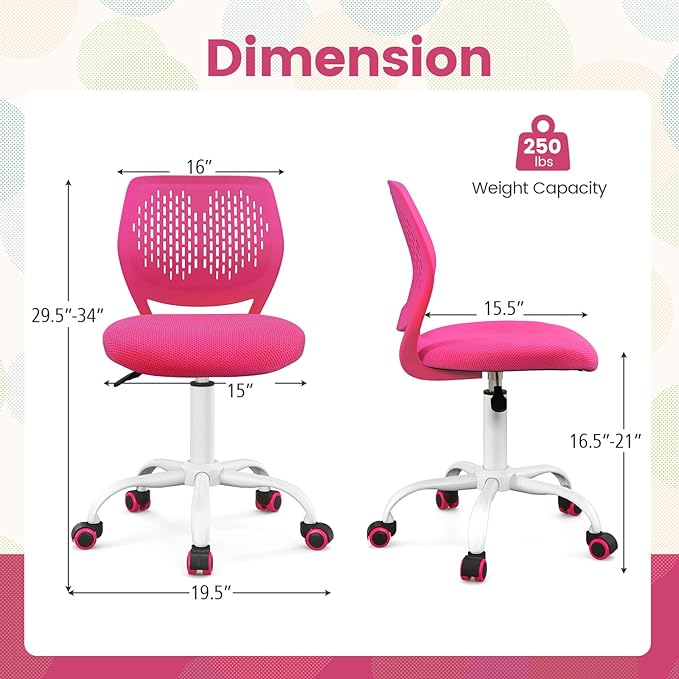 POWERSTONE Small Desk Chair with Wheels Home Office Chair Mid Back Armless Computer Task Chair Adjustable Swivel Rolling Chair for Small Space Pink