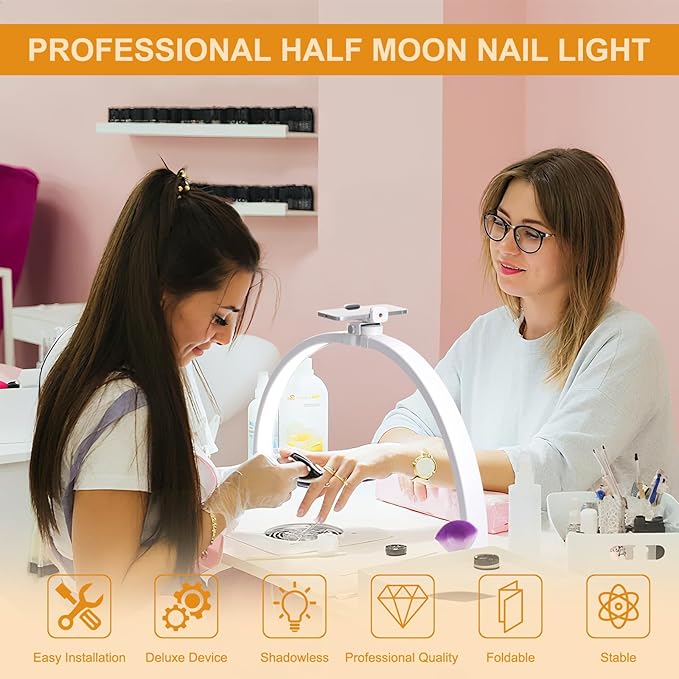 Half Moon Light for Nail Desk, Nail Light for Desk with Phone Holder and 10 Adjustable Brightness and 3 Color Temperature for Manicure, Tattoos, Eyebrows
