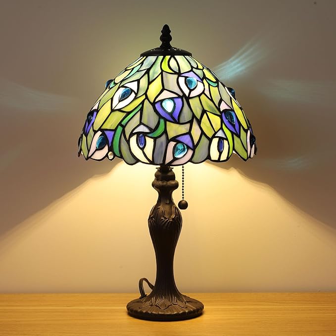 Tiffany Table Lamp for Living Room Blue Phoenix Tail Stained Glass Table Lamps for Bedroom Hand-Made 3 Color Temperature Bedside Nightstand Lamp Home Office Desk Lamp 10.1X10.1X17Inch W/LED Bulb