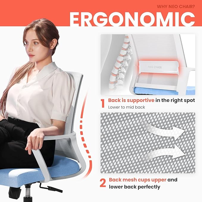 NEO CHAIR Office Chair Gaming Desk Computer Chair Ergonomic Mesh Mid Back with Wheels Lumbar Support Comfy Swivel Adjustable for Home (Sky Blue)
