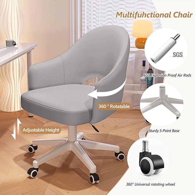 Home Office Chair Velvet Vanity Chairs Cute Makeup Desk Chair with Wheels Mid Back Computer Chairs Height Adjustable Small Swivel Rolling Task Chair