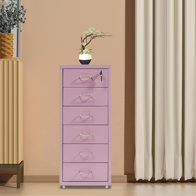 TFCFL Mobile File Cabinet 6 Drawer Vertical File Cabinet with Wheels Metal File Cabinet with Lock for Home Office, 11" D x 16" W x 27" H (Purple)