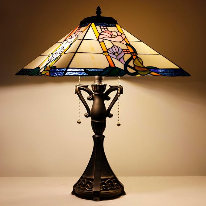 Tiffany Table Lamp Stained Glass Square Pink Flower Mission Style Desk Reading Light 16X16X24 Inch for Bedroom Living Room Home Office