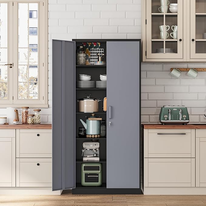 Metal Storage Cabinet-72” Tall Steel File Cabinets with Lockable Doors and 5 Adjustable Shelves-Black&Gray Steel Storage Cabinet for Home, School, Office, Garage