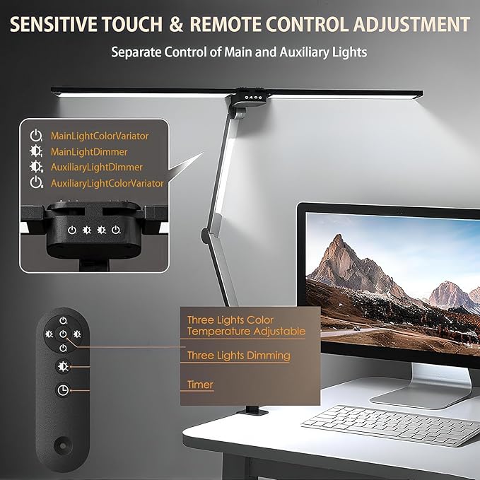 LED Desk Lamp for Office Home, Eye-caring 3-Lights 1500 Lumen with Clamp, Dual Screen Computer Adjustable Light, 24W Dimmable 272 Leds Remote Controlled Timed Table Lamp for Reading Study Working