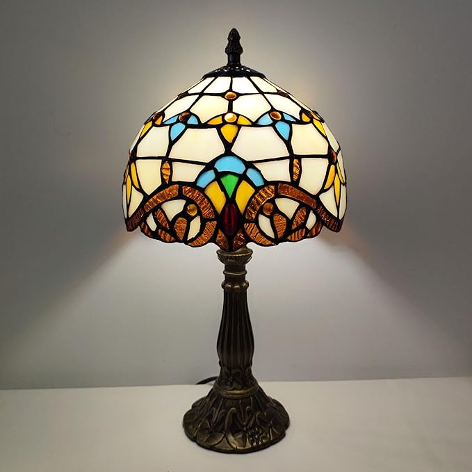 Small Tiffany Table Lamp 8 Inch Tiffany Style Desk Lamp Stained Glass Antique Light Decoration Bedroom Bedside Lamp Retro Reading Lamps (Beige Baroque Style)