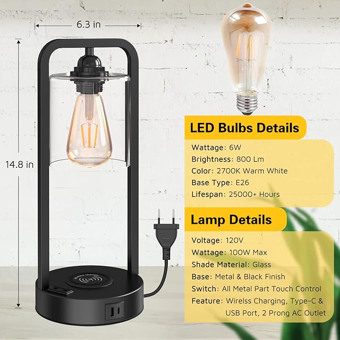 Wireless Charging Table Lamp for Bedroom Set of 2, Touch Control Dimmable with Type C USB Ports & AC Outlet Bedside Nightstand Lamp, Glass Shade Industrial Desk Lamp for Home Office, Bulbs Included