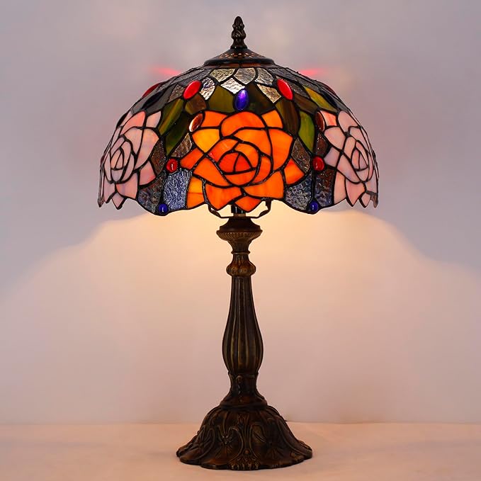 Tiffany Lamp Touch Control Table Lamp Orange Purple Stained Glass Desk Lamp 12X12X19 Inches Rose Flower Style Reading Light