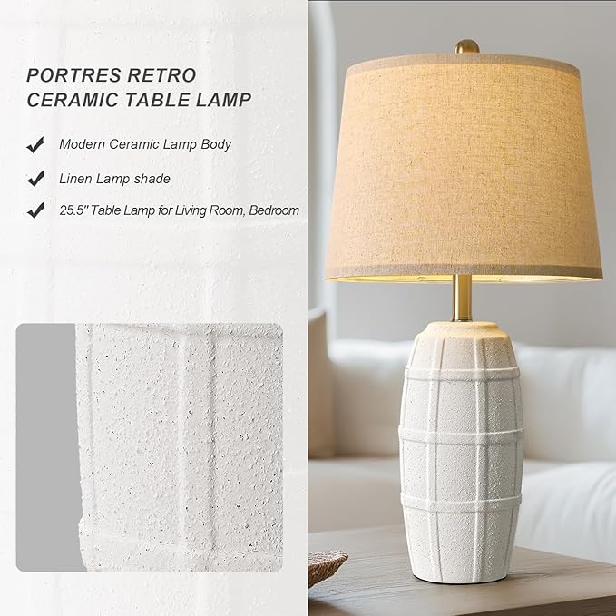PORTRES 25.5" Ceramic Table Lamps for Bedroom Living Room Modern Lamp Bedside Nightstand Lamp Farmhouse Rustic Boho Retro Vintage Table Lamp Light Home Office Desk Deco Gifts, White