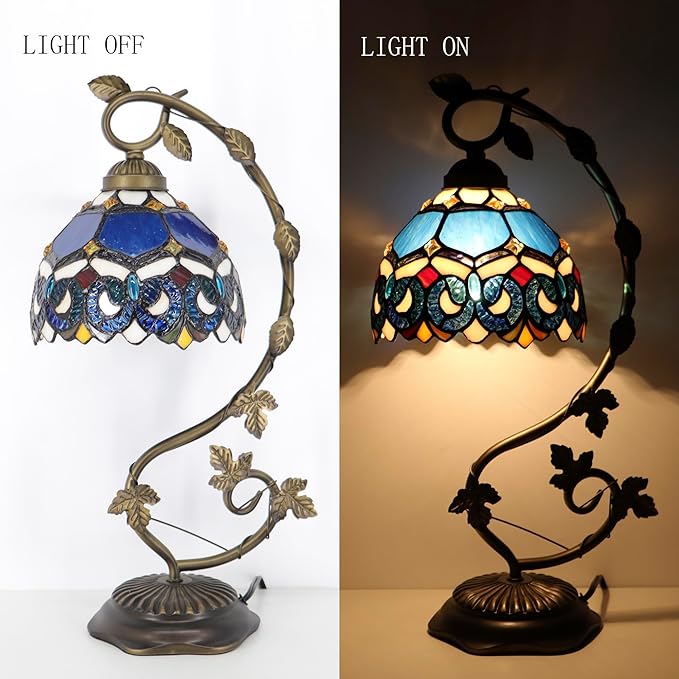 Tiffany Table Lamp, Stained Glass Desk Reading Light,Metal Leaf Table Lamp Base 8X10X21 Inches (Blue Baroque)