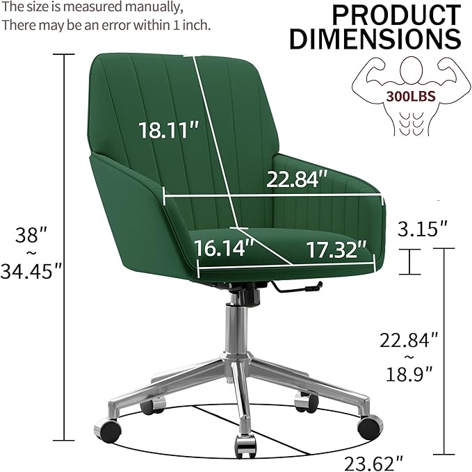 YISHENG Velvet Office Desk Chair with Silver Base, with Wheels,Modern Height Adjustable 360 Degree Swivel Upholstered Vanity Chairs with Arms for Living Room Bedroom,Green