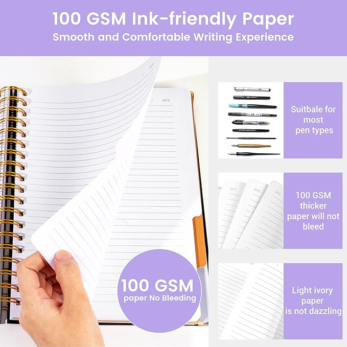 Hardcover Spiral Notebook with Tabs 6.1"x8.3" Small Spiral Lined Journals for Women Men with Dividers 200 Pages College Ruled Composition Notebook 5 Subject Notebook for Work School Gifts, Purple