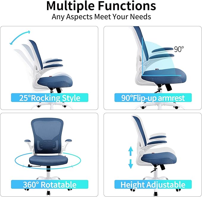 Flysky Ergonomic Office Chair, Mesh Home Office Desk Chair with Flip-up Arms and Lumbar Support, Height Adjustable, Swivel, White & Blue