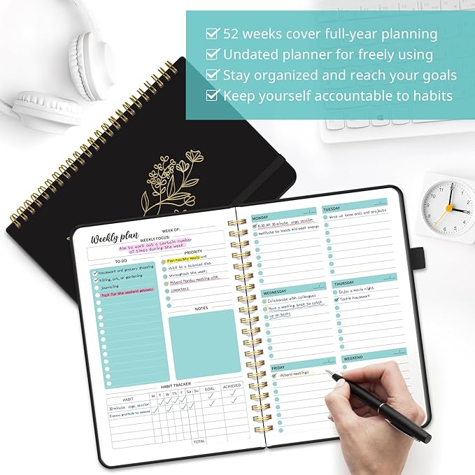 Undated Weekly Planner, Weekly To Do List Notebook with Goal & Habit Tracker Organizer, A5 Weekly Planner Notebook with Spiral Binding, 6.1" x 8.2" - Black