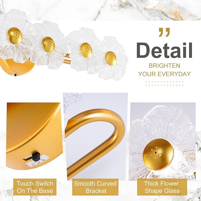 Vintage Bathroom Light Fixtures 5 Light Modern Vanity Lights with Floral Clear Glass,3-Color Temperature Picture Light Led Wall Lights Wireless Wall Sconces for Decor,Bathroom,Hallway (Gold)