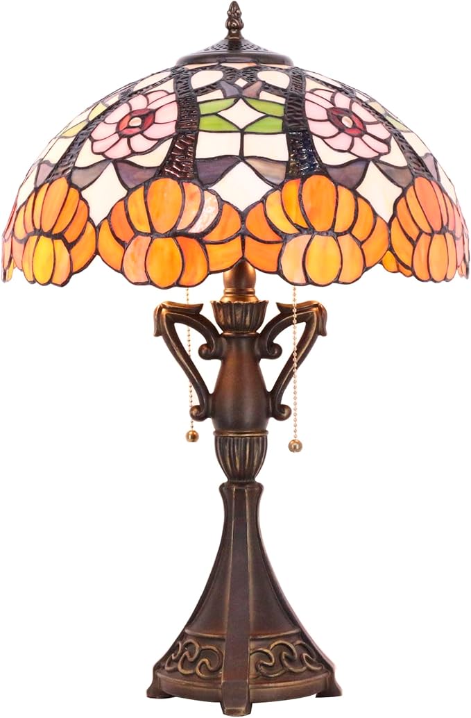 Tiffany Table Lamp 24 Inch High Antique Stained Glass Orange Flower Desk Reading Light Wide 16 Inch for Bedroom Living Room Home Office
