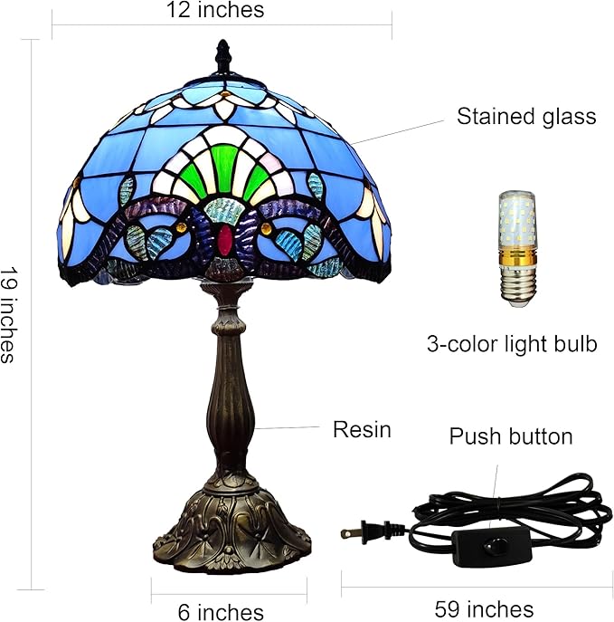 Tiffany Table Lamp 12X12X19 Inch Stained Glass Lamp Blue Baroque Style Antique Bedside Desk Nightstand Light for Bedroom Living Room Home Office Include 3-Color LED Bulb