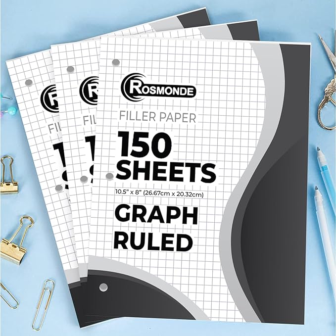 Rosmonde 6750 Sheets Graph Paper Bulk, 45 Pack, Bulk Loose Leaf Paper, 4x4, 8" x 10.5", Bulk Grid Paper, Thick Graphing Paper, Fights Ink Bleed, 3 Hole Punched, Quad Ruled Sheets, Bulk School Supplies